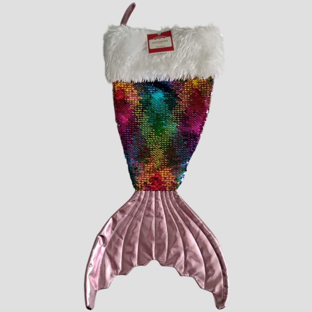 Mermaid Christmas Stocking Rainbow Sequin Reversible Pink Fish Tail